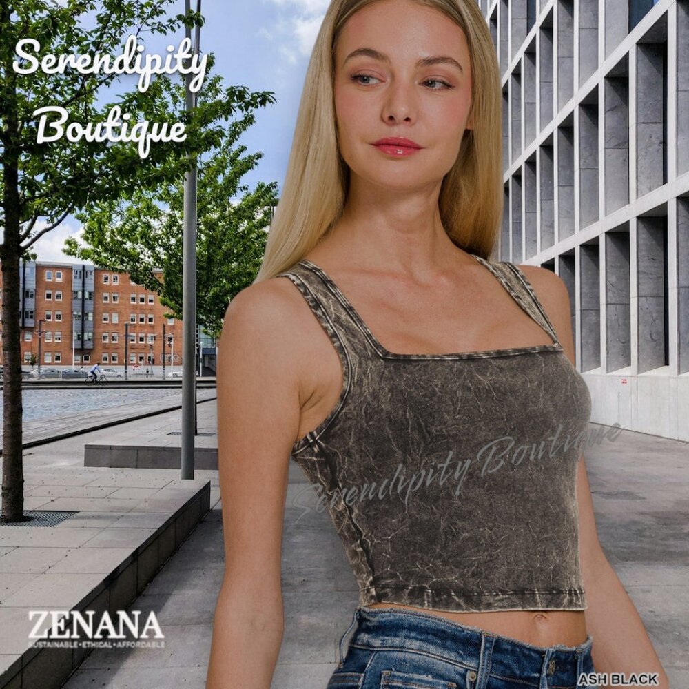 Zenana Essential Goth Grunge Stretchy Wide Strap Mineral Acid Wash Crop Tank Top